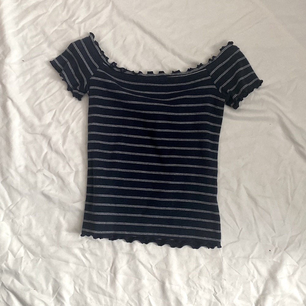 Blue with white striped off the shoulder crop top.